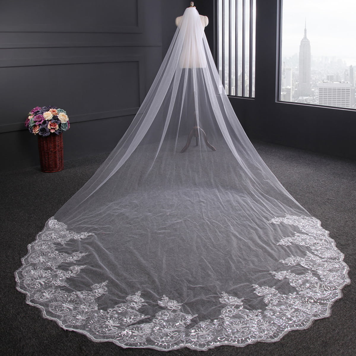 Fashion 4m White Luxury 1T Cathedral Wedding Lace Sequins Long Veil With Comb 