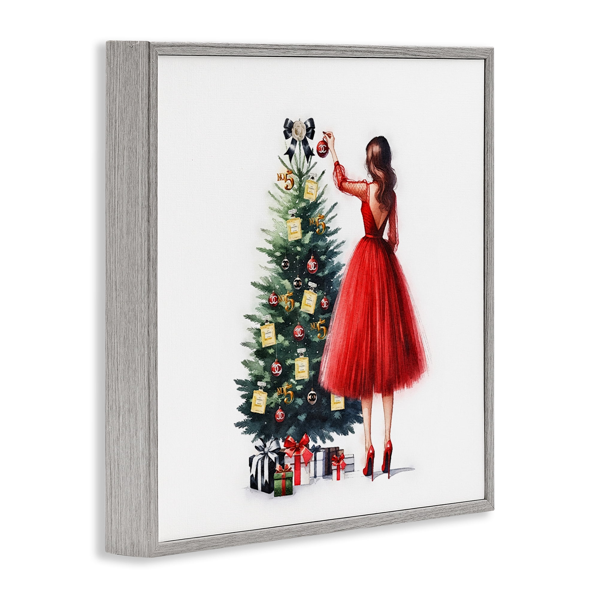 Stupell Industries Fashion Tree Ornaments Holiday Painting Gray Framed Art Prints Wall Art, 12 x 12