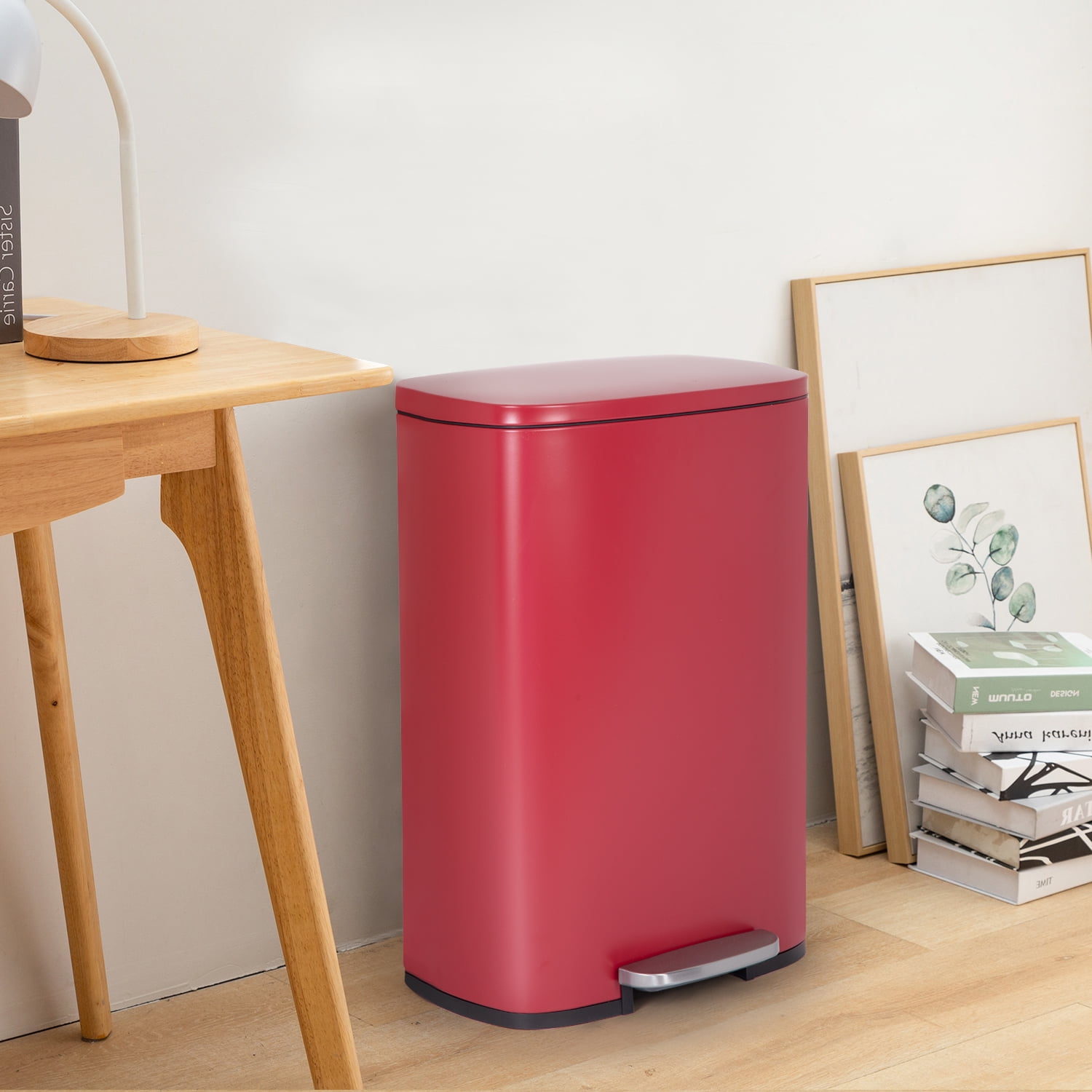 Dkelincs 13 Gallon Kitchen Trash Can with Lid Step Garbage Can Stainless Steel Waste Bin for Home Office, Red