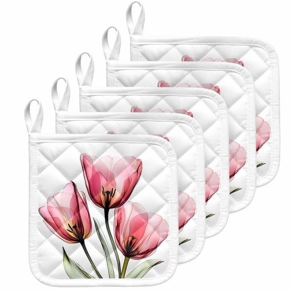 Pink Tulip Pot Holders for Kitchen Heatproof Potholder, 5 Pack Modern Blossom Pastel White Floral Petal Hot Pads Multipurpose Oven Pads Cloth Potholders Trivet for Cooking Baking