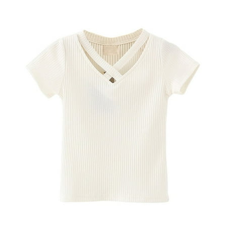

Toddler Kid Baby Girl Hollow V-Neck Short Sleeve Cotton T Shirt Knitted Top