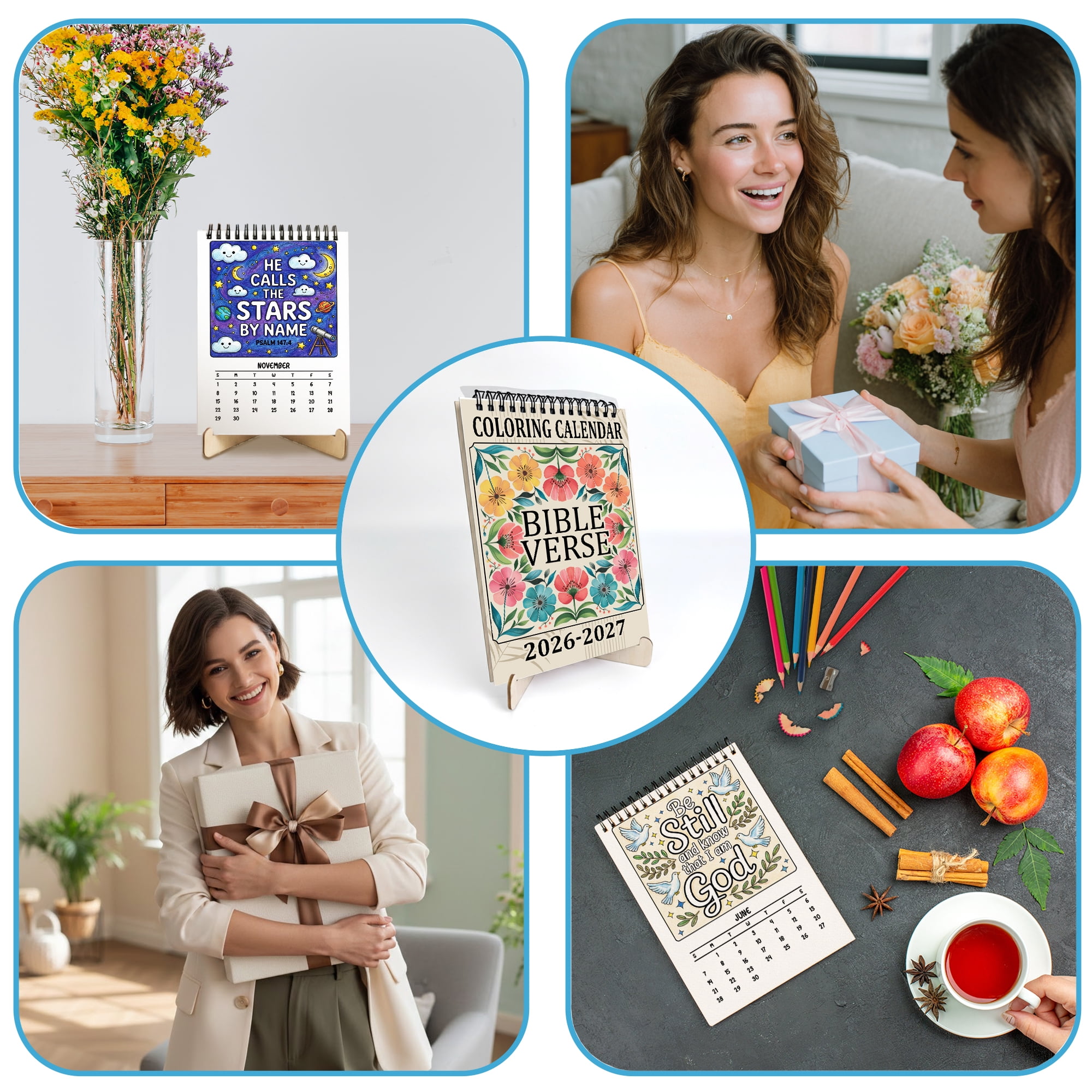 Bible verse Coloring Desk Calendar 2026–2027, A5 Wooden Cover Planner with 26 Easy Coloring Pages for Adult Relaxation, 24 Month Desktop Calendar with Stand, Gift for Family & Friends
