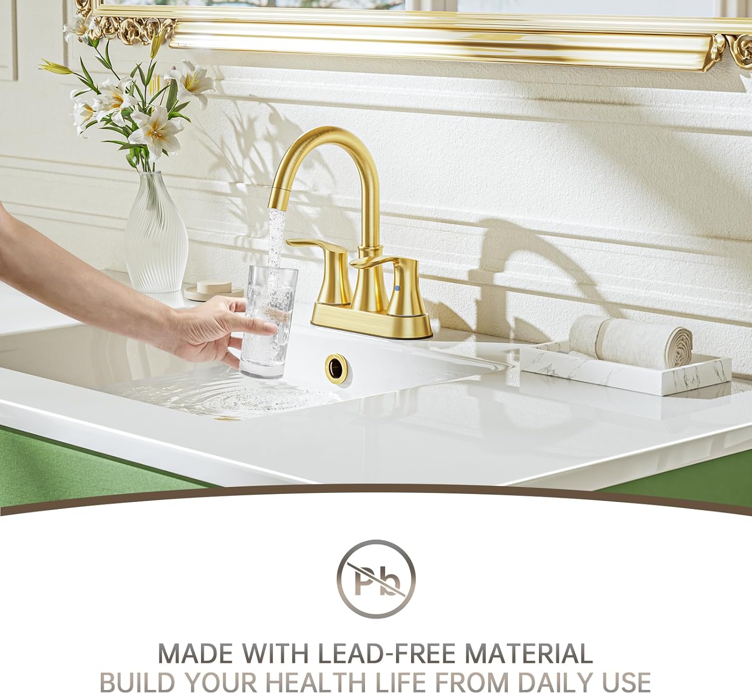 Brushed Gold Bathroom Faucet - 4 inch 3 Hole 2-Handle Centerset Vanity Mixer Taps With Drain, 360°Swivel,High Arc Design