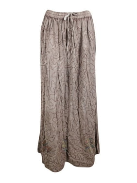 Mogul Womens Stonewashed Long Skirt Embroidered A-Line Gypsy Chic Fashion Maxi Skirts S/M