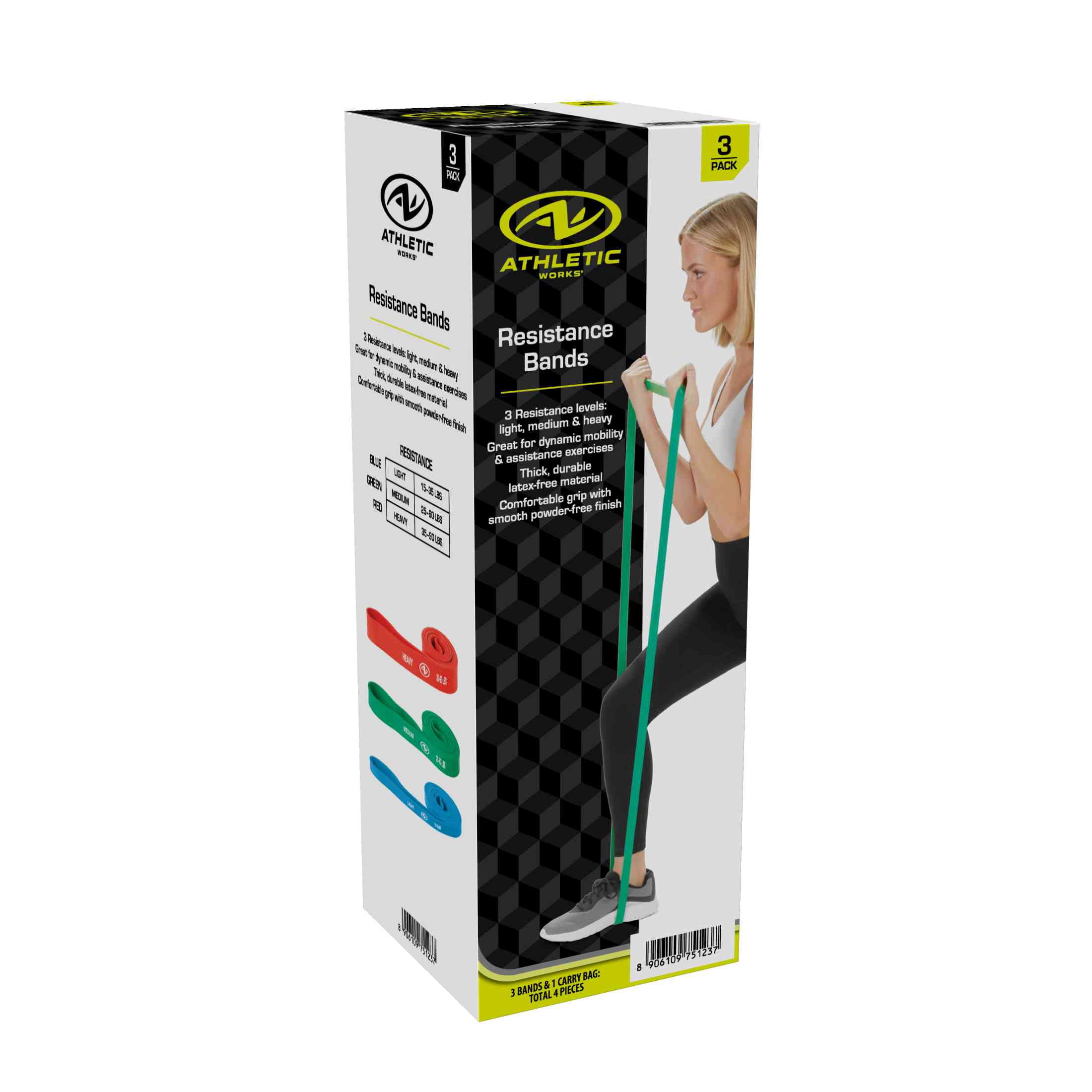 Athletic Works Resistance Bands, Latex Free Material, Set of 3 Levels : Light, Medium, Heavy