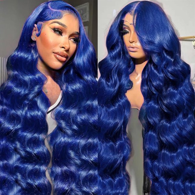 Peluca con encaje en la parte delantera, bonita hada, cabello humano azul oscuro de 20 pulgadas