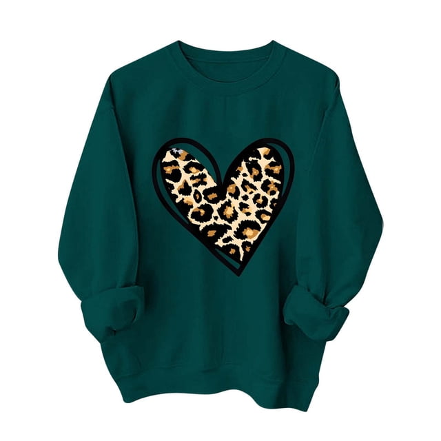Hauts Romantiques pour Femmes 2026, Chandail en Molleton Léopard à Col Rond Confortable, Tenues de Mode de la Saint-Valentin à Manches Longues, T-Shirts d'Amour Décontractés, Vêtements Quotidiens Doux