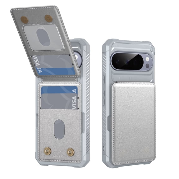 GJL Faux Leather TPU Wallet Case for Google Pixel 11 Pro XL, Shockproof Phone Cover with 4 Card Slots, Viewing Kickstand, Double Magnetic Clasp, Silvergray