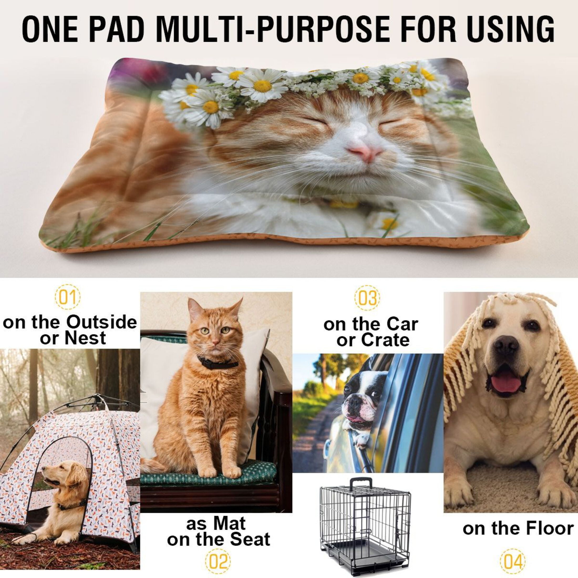 Cozy Mat Pet Bed Indoor Outdoor Warm Soft For Cat Dog Puppy(S/M) Daisy Flower Crown