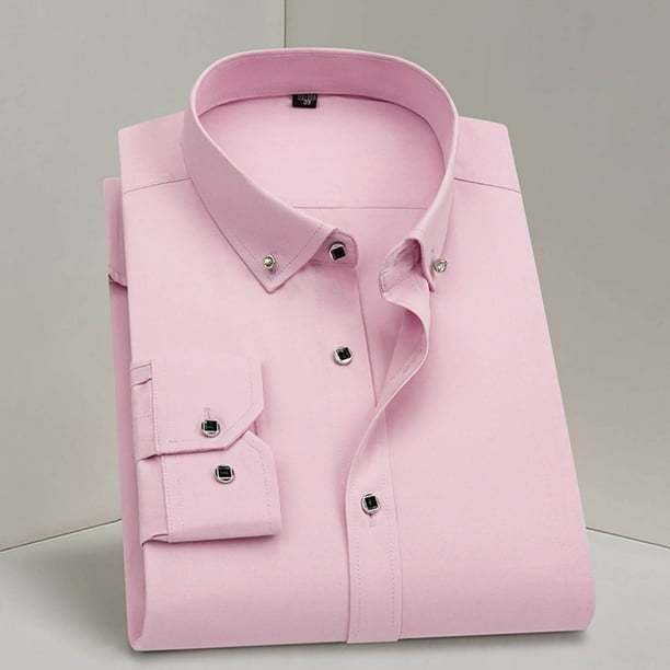 pstuiky camisa de manga larga para hombre, Camisa de negocios para hombre con cuello abatible y botones de manga larga Tops de hombre l