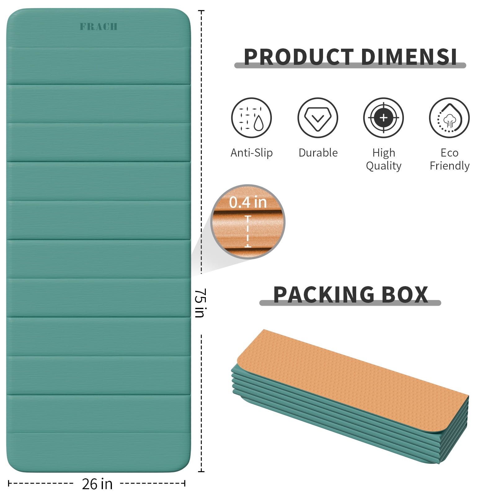 Frach Foldable Yoga Mat Extra Long 75",0.4" Thick Exercise Mat,Muti-fundctional,High-Density for Gym and Travel,Indoor and Outdoor(Green+Orange)
