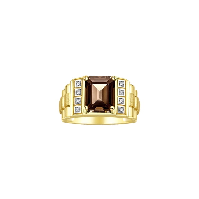 RYLOS Men's Rings Yellow Gold Plated Silver Designer Style 10X8MM Emerald Cut Shape Gemstone & Diamonds Smoky Quartz June Birthstone Rings For Men Size 12