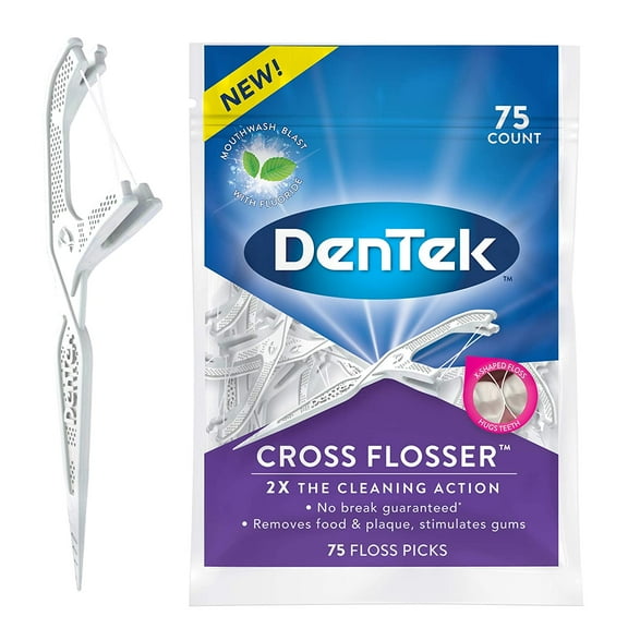 5 Pack DenTek Cross Flosser Floss Picks, X-Shaped Floss Hugs Teeth, 75 Count