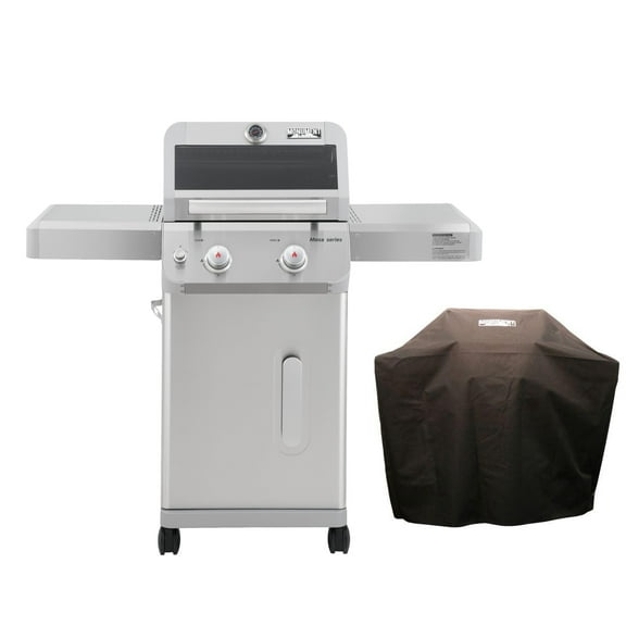 Mesa 2-Burner Propane Gas Grill in Stainless Steel with Clear View Lid, LED Controls, and Grill Cover