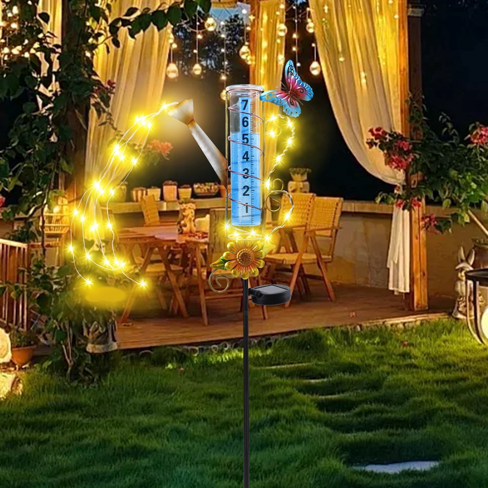 Outdoor Rain Gauge,Watering Can & Sunflower Solar Rain Gauge,LED String Lights, Metal Garden Stake for Patio, Lawn & Outdoor Decor