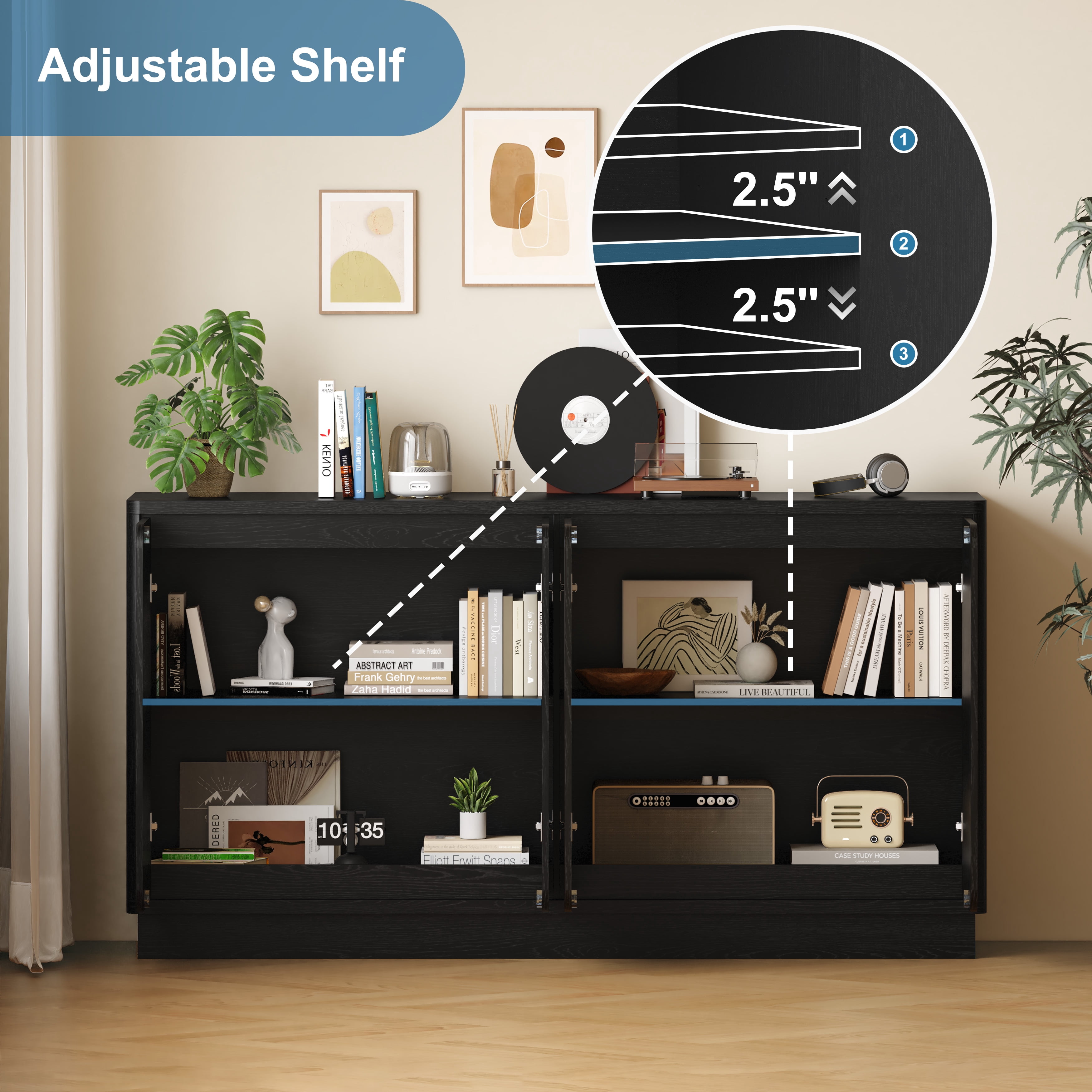 Mintazer 59.1"W Sideboard Buffet Cabinet with Adjustable Shelves, 4 Door Storage Credenza Cabinet for Dining Room Kitchen Living Room, Entryway, Black