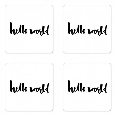 

Hello World Coaster Set of 4 Modern Style Calligraphy Brush Written Words New Born Illustration Square Hardboard Gloss Coasters Standard Size Charcoal Grey and White by Ambesonne