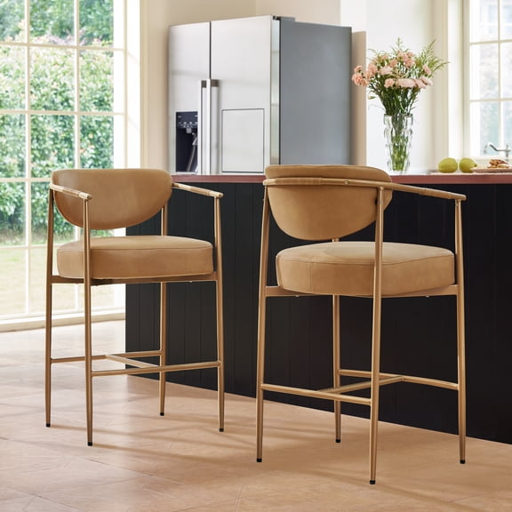 Spruce & Spring Modern Counter Bar Stool with Woven Strap Arms & Gold Metal Frame Set of 2, Brown with Gold Frame