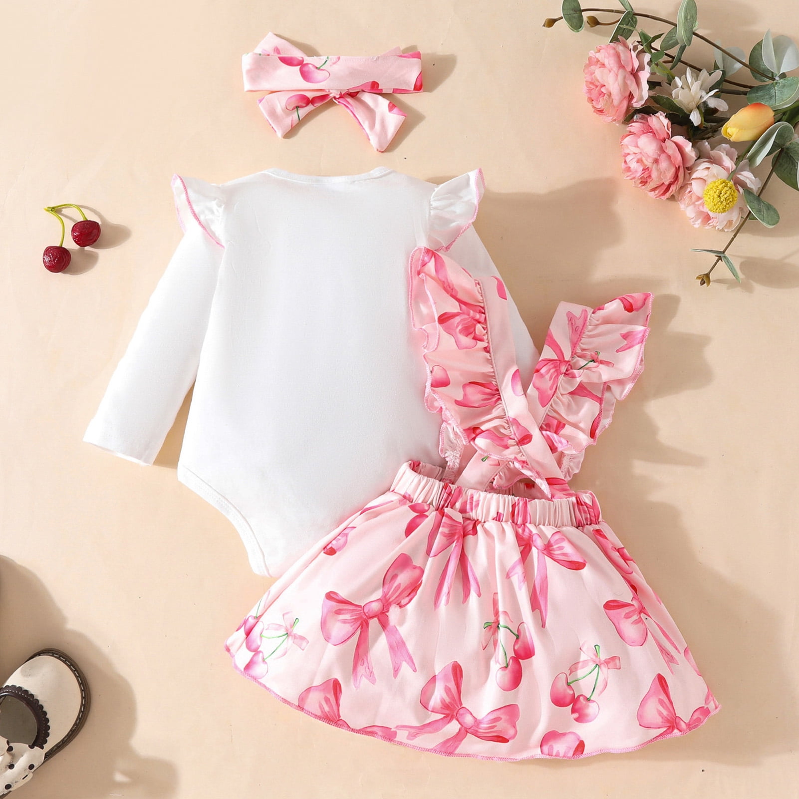 IWEMEK Newborn Baby Girl Clothes Ruffle Long Sleeve Romper Pink Bowknot Skirt 3 Pieces Fall Outfit Sets Size 12-18M