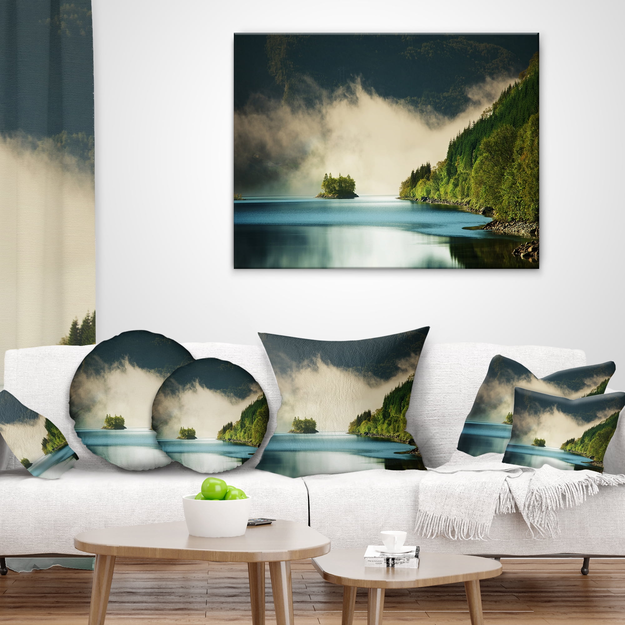Designart Beautiful Lake By Green Mountains - Landscape Printed Throw Pillow - 12x20