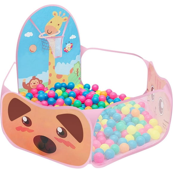 Kids Ball Pit, Pop Up Folding Cartoon Play Tent Pit Pool with Basketball Hoop for Kids,120 * 74 cm,Pink