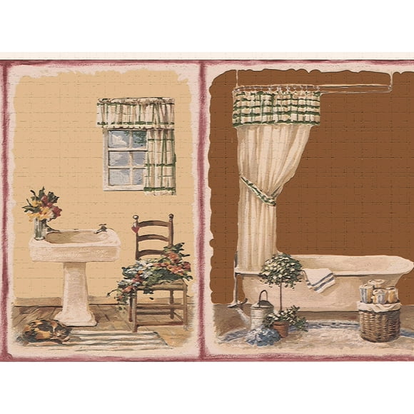 Dundee Deco's Peel and Stick Wallpaper Border - Country Brown Tan Beige Bathroom Wall Border Retro Design, 15 ft x 7 in (4.57m x 17.78cm), Self Adhesive