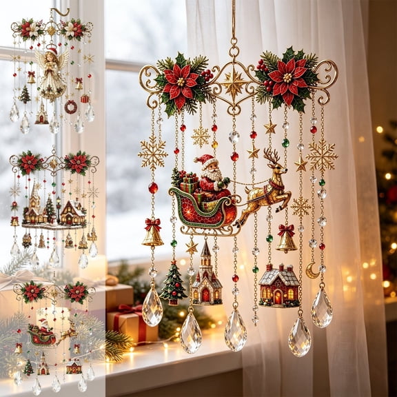 Herunwer Christmas Acrylic Crystal Wind Chime 1-Piece, Cherub Santa Red Bird Design, Front Door Window Pendant, Vintage Pattern Style, for Wall and Holiday Decor
