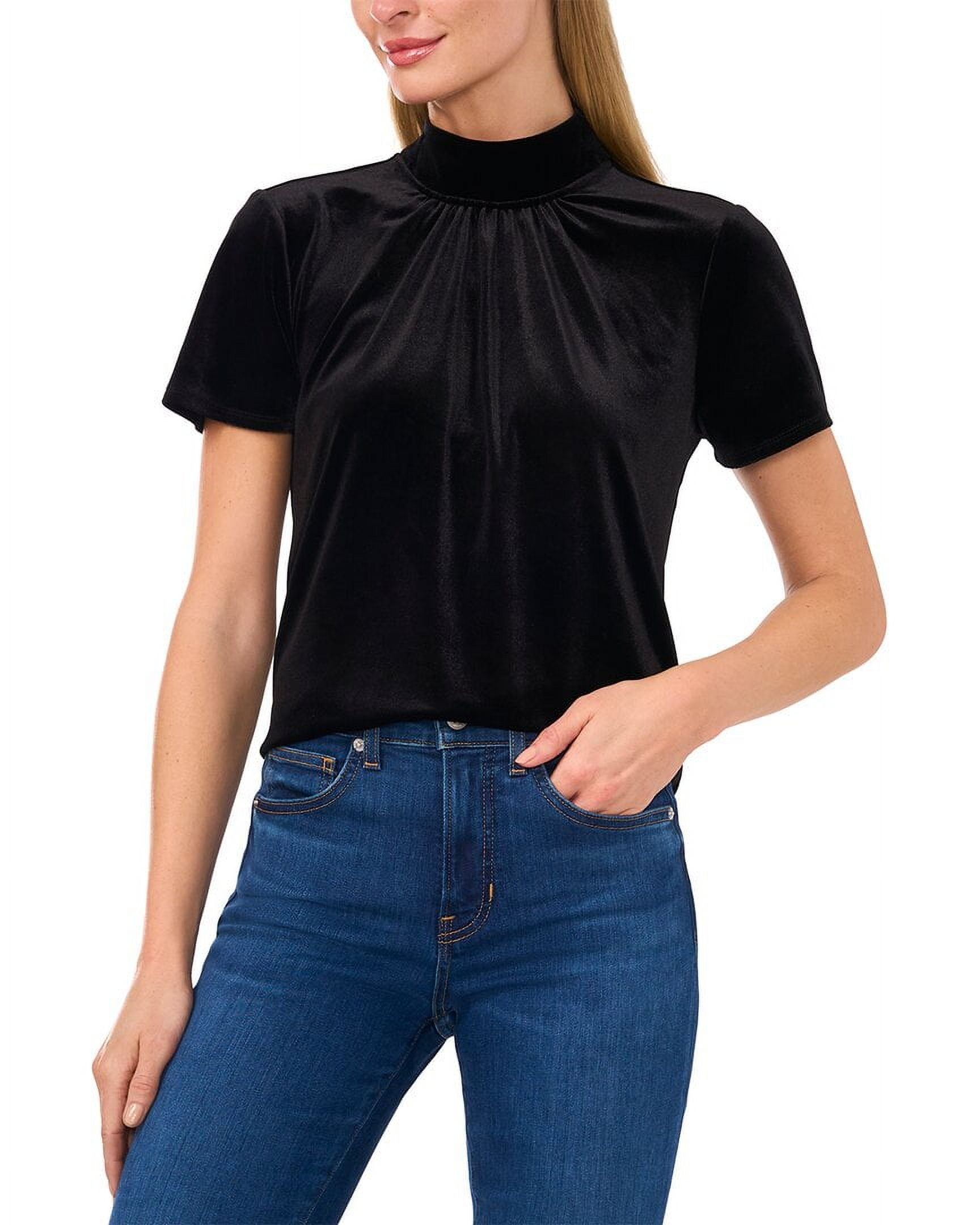 CeCe Women's Velvet Mock Neck Top With Satin Bow Back - Short Sleeve A-Line Blouse