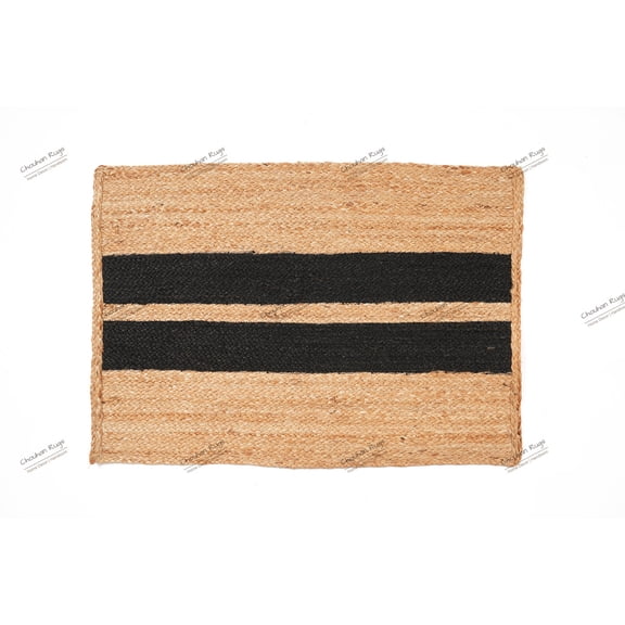Rectangle Rug Natural Jute Rug Hand Braided Beige and Black Color Rounding Line Area Rug