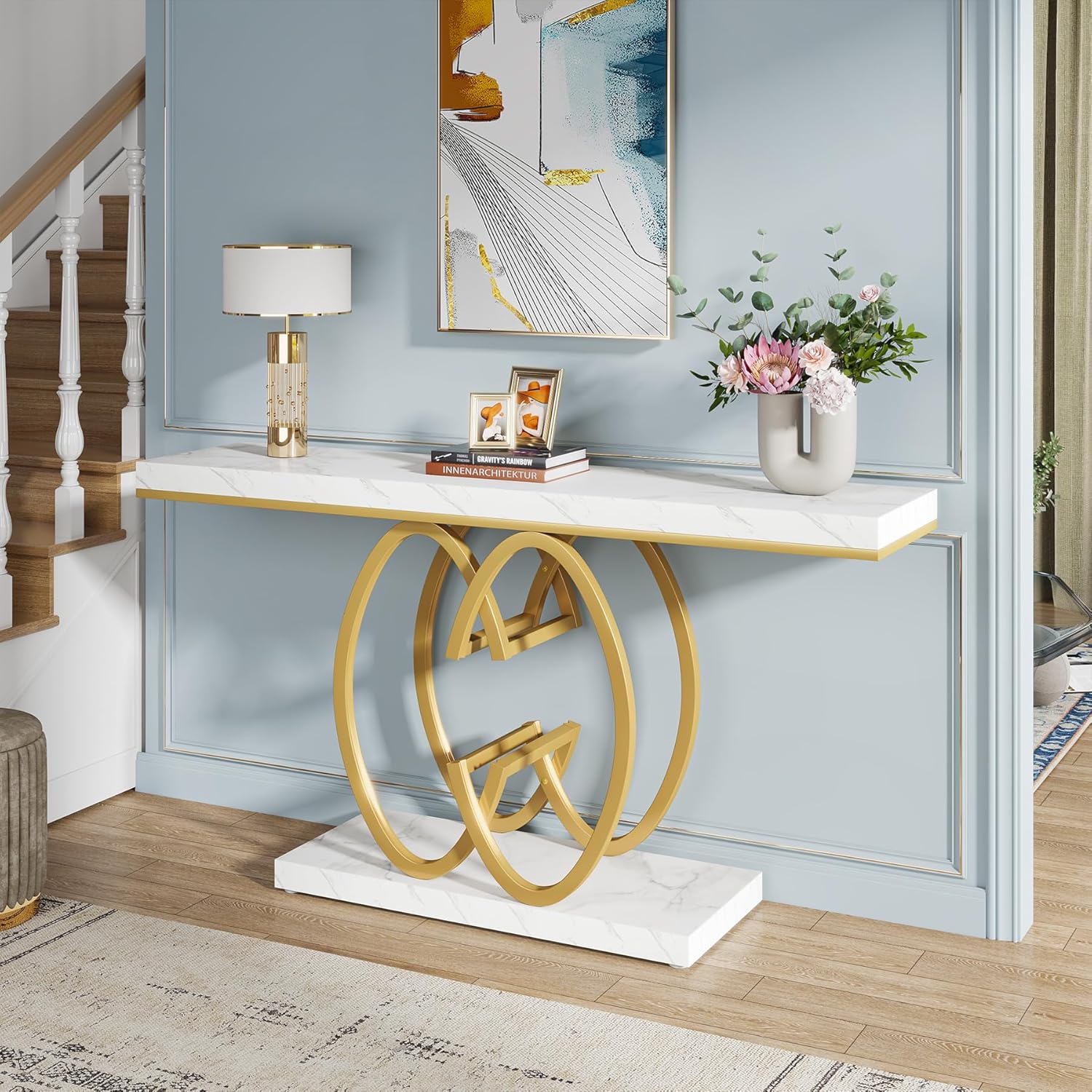 Tribesigns Modern Faux Marble Console Tables, 55.12" Narrow sofa Entryway Tables with Metal Base for Living Room, Hallway and Foyer,White & Gold