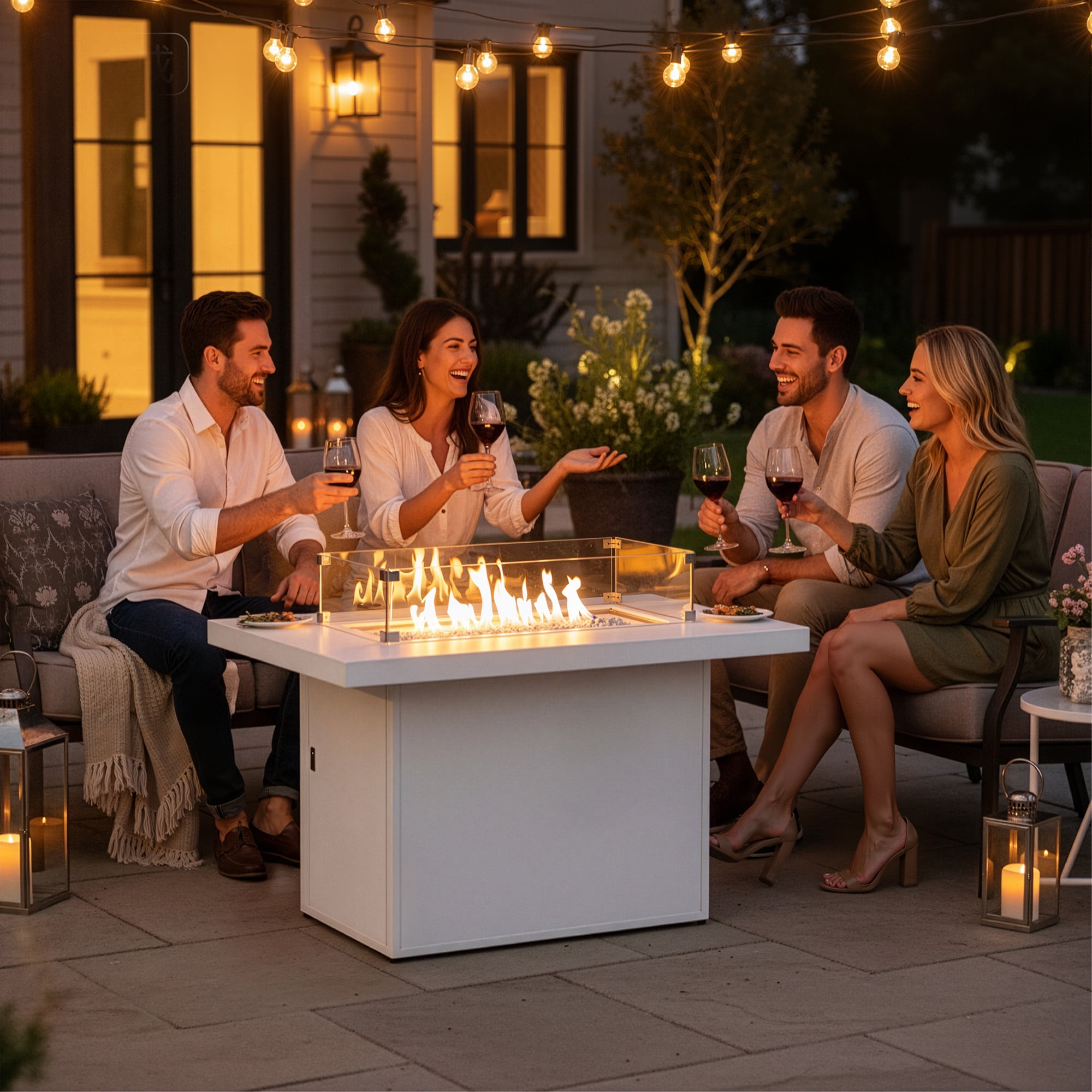 RADIATA 43" Aluminum Propane Fire Pit Table, 60,000 BTU Outdoor Gas Firepit, Rectangle CSA-Certified Patio Fireplace with Wind Guard & Glass Rocks, Rust-Proof White Fire Table for Deck Poolside