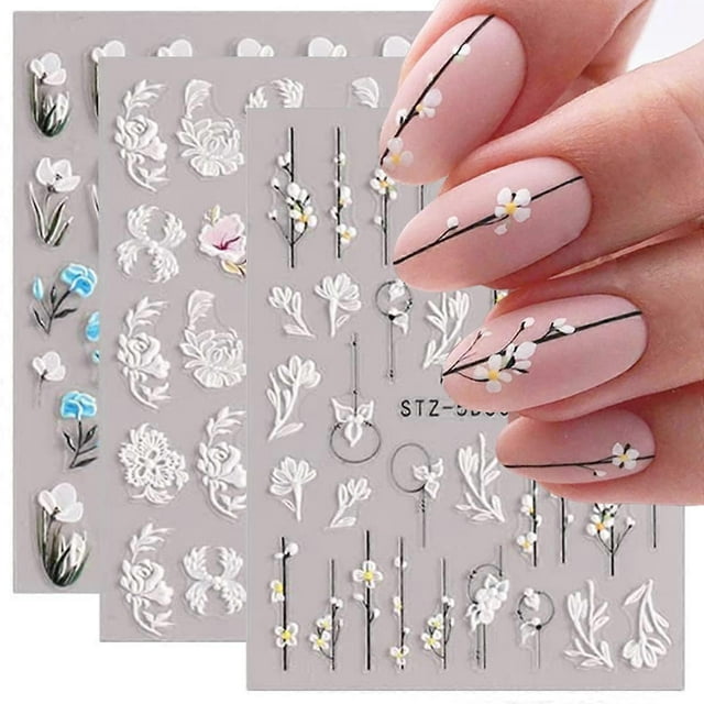 5D Embossed Flowers Nail Art Stickers Decals, 3Sheets Engraved Flower Nail Stickers for Nail Art Decorations Supplies Elegant Wedding Nail Design Adhe