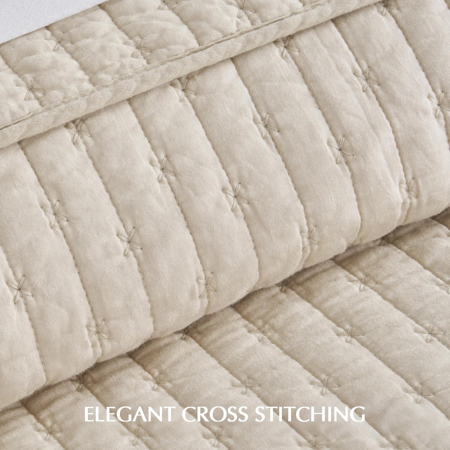 EVERGRACE Cross Stitch Pre-Washed Cotton Quilt Bedding Set King Size, Oversized 3 Pieces Lightweight Bedspread Coverlet for All Season, with 2 Matching Shams, Flax Beige,118"x106"
