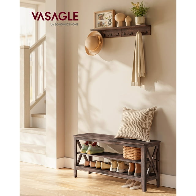 VASAGLE Shoe Bench, Entryway Bench, Shoe Storage Bench, 2-Tier Shoe Rack, 11.8 x 39.4 x 18.9 inches, Holds up to 600 lb, Farmhouse Style, for Living Room, Bedroom, Maroon Brown ULSB153K51