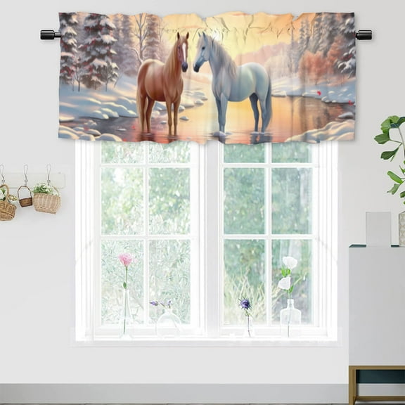Rustic Kitchen Valance Winter Farmhouse Wild Animal Horse Energy Efficient Valance for Windows Rod Pocket Room Darkening