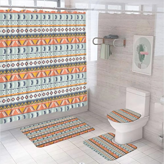 Aztec Shower Curtain Sets Boho Geometric Tribal Vintage Aesthetic Bathroom Curtains Bathtub Decor With Rug Bath Mat Toilet Cover