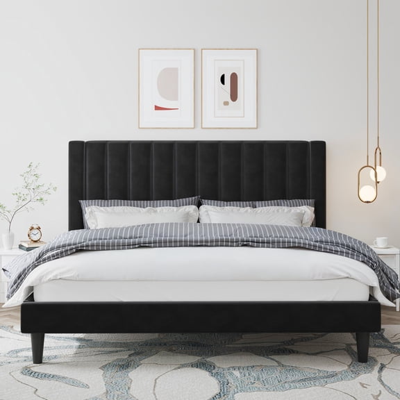 Amolife King Size Platform Bed Frame with Upholstered Velvet Channel Headboard, Heavy Duty & Easy Assembly, Black