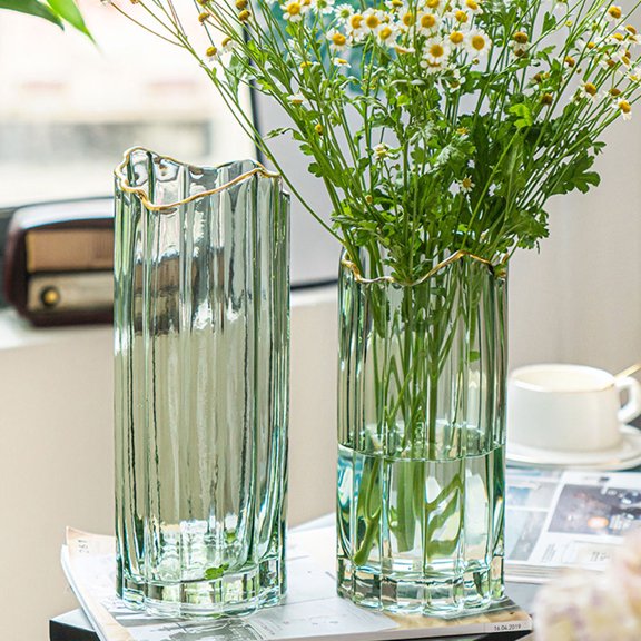 COMPUKAS Light Green Glass Cylinder Vase with Flowers Crystal Container 30.5X11.5CM
