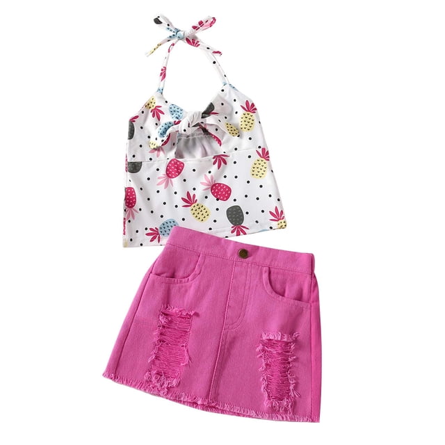 Vestido Para Niñas, Ropa Para Bebés, Verano Para Niños Pequeños, Sin Mangas, Con Estampado De Frutas, Top, Falda Vaquera Rosa, Dos Piezas, Rosa Fuerte Odeerbi LM103-5983