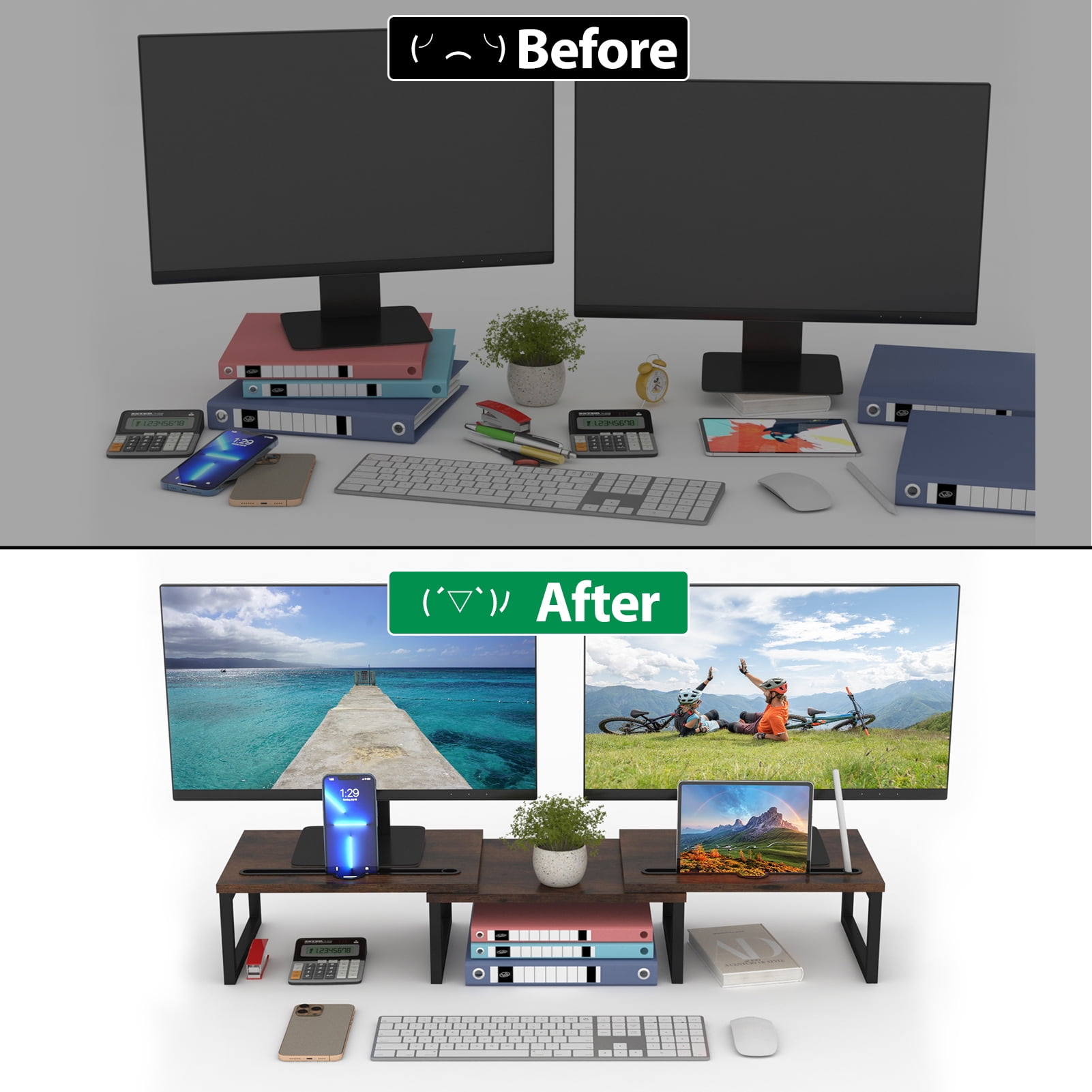 Dual Monitor Stand Riser with Pen Slot - Adjustable Length & Angle, Brown Desk Organizer for Computer Screens