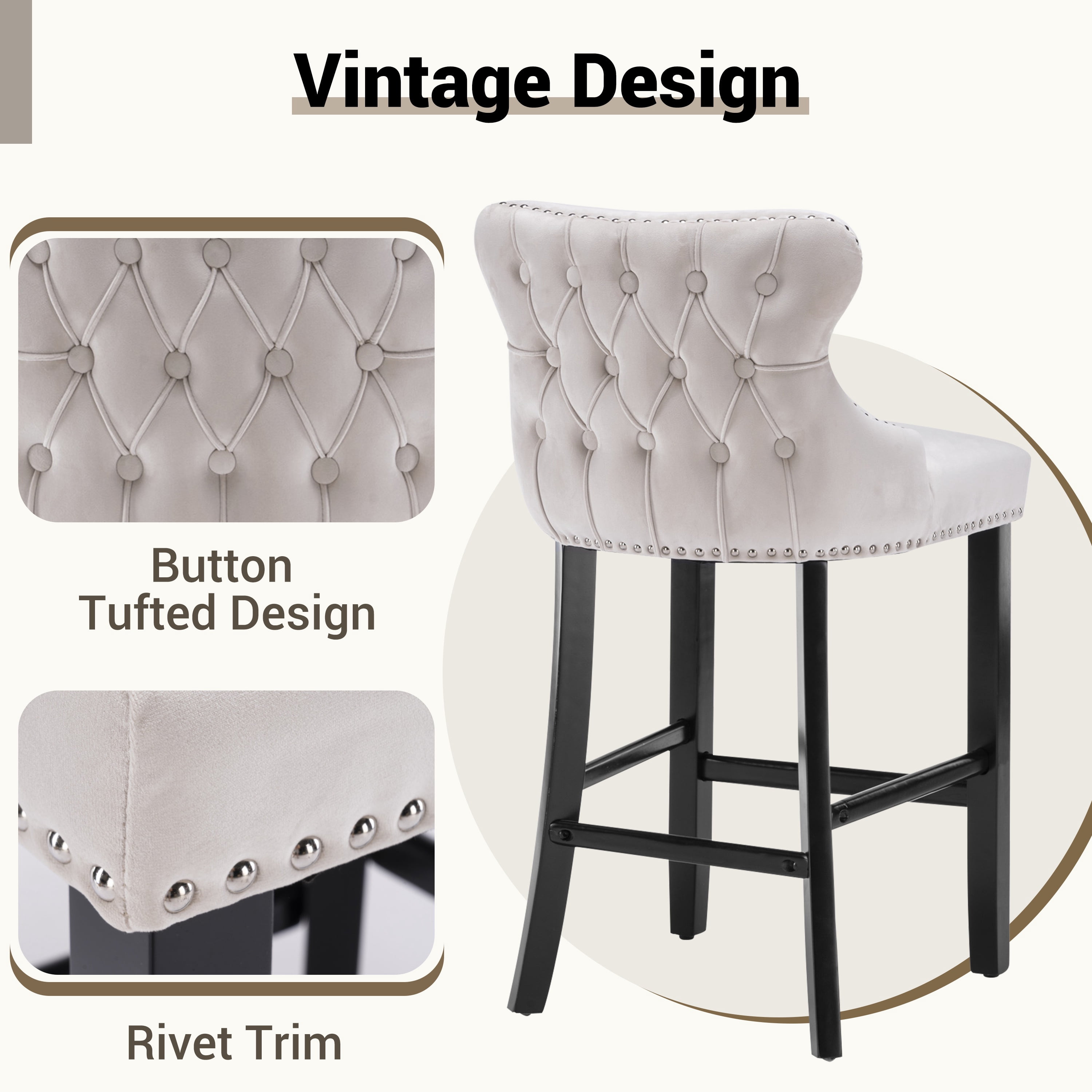 Bar Stool Set of 4, Legahome 26" Counter Height Bar Stools with Back, Velvet Upholstered Bar Stool with Button Tufted & Wooden Legs, Bar Stools Chair for 35-39" Kitchen Island Counter, Beige
