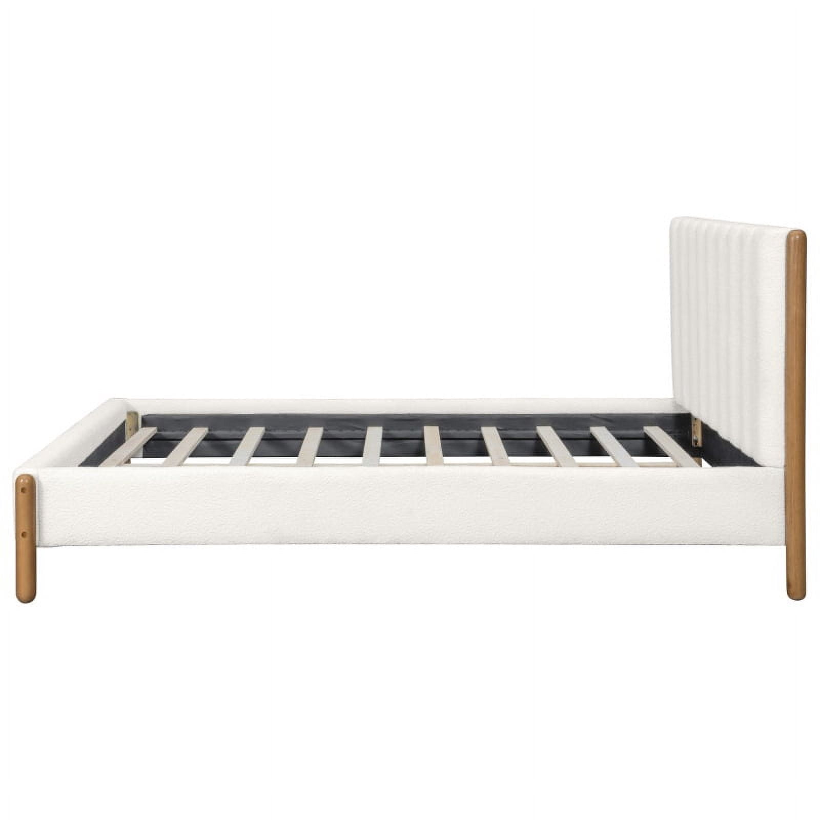 King Size Bed Frame with Boucle Upholstered Thick Headboard, Solid Wooden Legs, White
