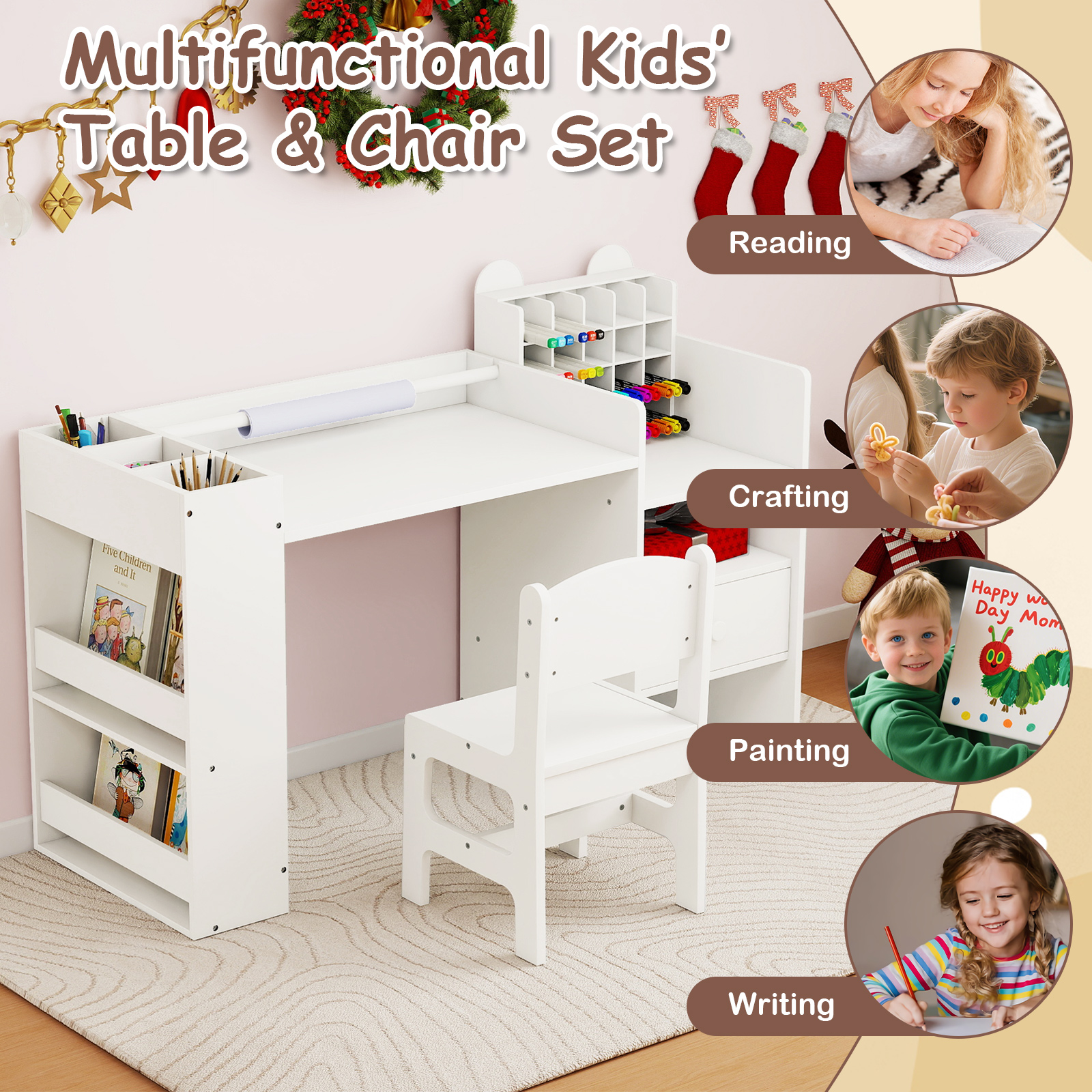 Gymax Kids Art Table & Chair Set w/Detachable Paper Roll Holder & Cubby Cabinet Drawer White