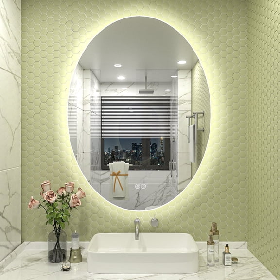 GODCHAR 28x20 Oval LED Wall Mirror with Backlit, Frameless Anti Fog LED Bathroom Vanity Mirror,Dimmable 3 Colors, Memory Function