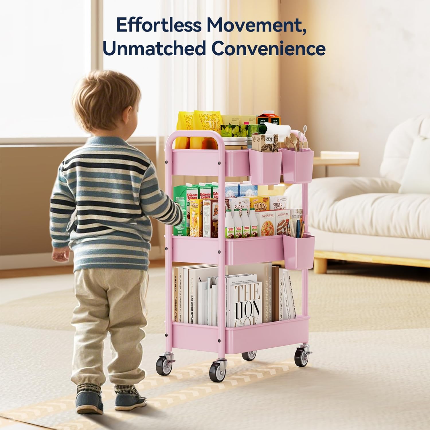 3-Tier Metal Rolling Cart, Heavy Duty Utility Cart with Lockable Wheels, Hanging Cups, Hooks, Mesh Rolling Storage Cart Craft Organizer, Lightweight and Sturdy, Pink