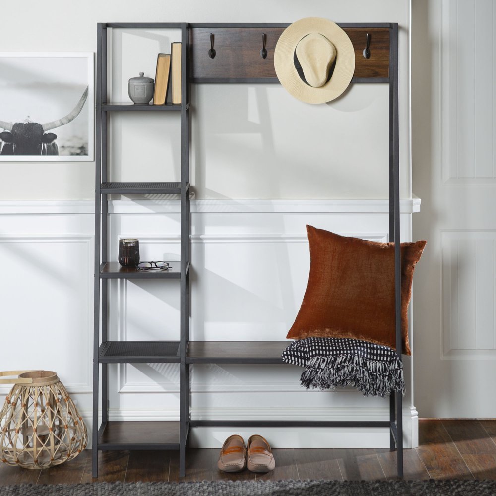 Woven Paths Modern Hall Tree with Bench and 5 Shelves, Dark Walnut
