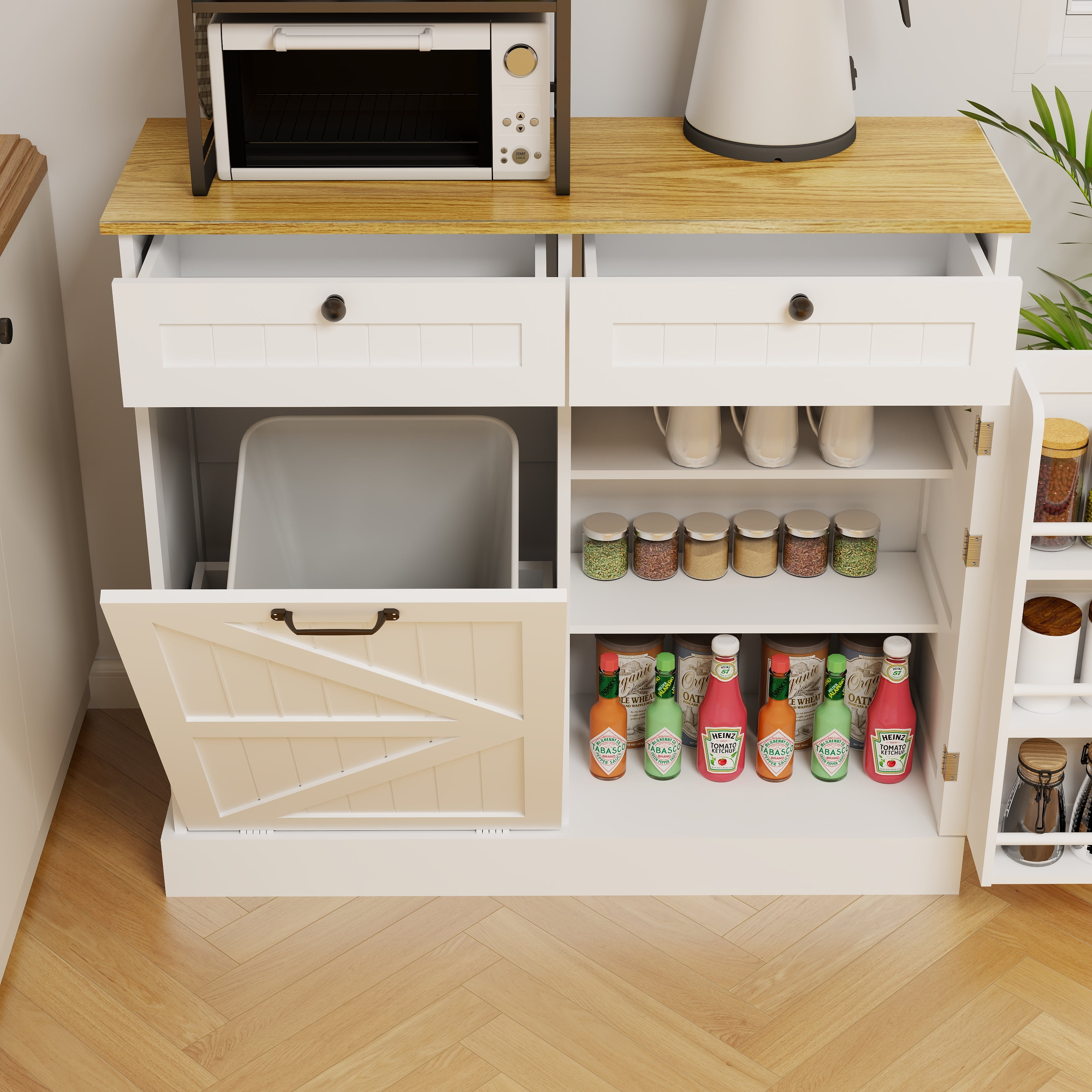 Mintazer Kitchen Trash Cabinet with 3‑Tier Storage Racks, Freestanding Storage Sideboard with 2 Drawers & Tilt‑Out 10‑Gallon Trash Compartment for Kitchen Dining Room, White