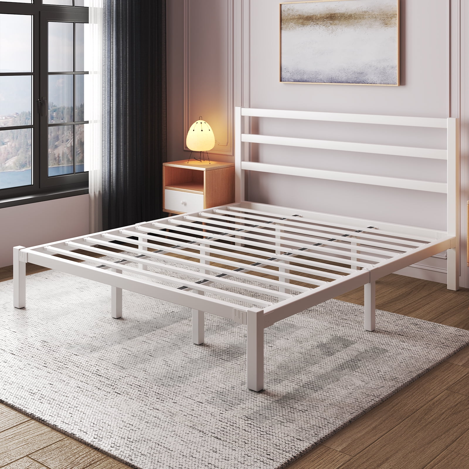 King Size Metal Platform Bed Frame with Headboard, Heavy Duty Steel Slat Support, Under-Bed Storage, No Box Spring Needed, White