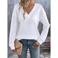 thumbnail image 2 of Womens Waffle Knit Tops Fashion Long Lantern Sleeve Casual Blouses V Neck Oversized T Shirts White M, 2 of 6