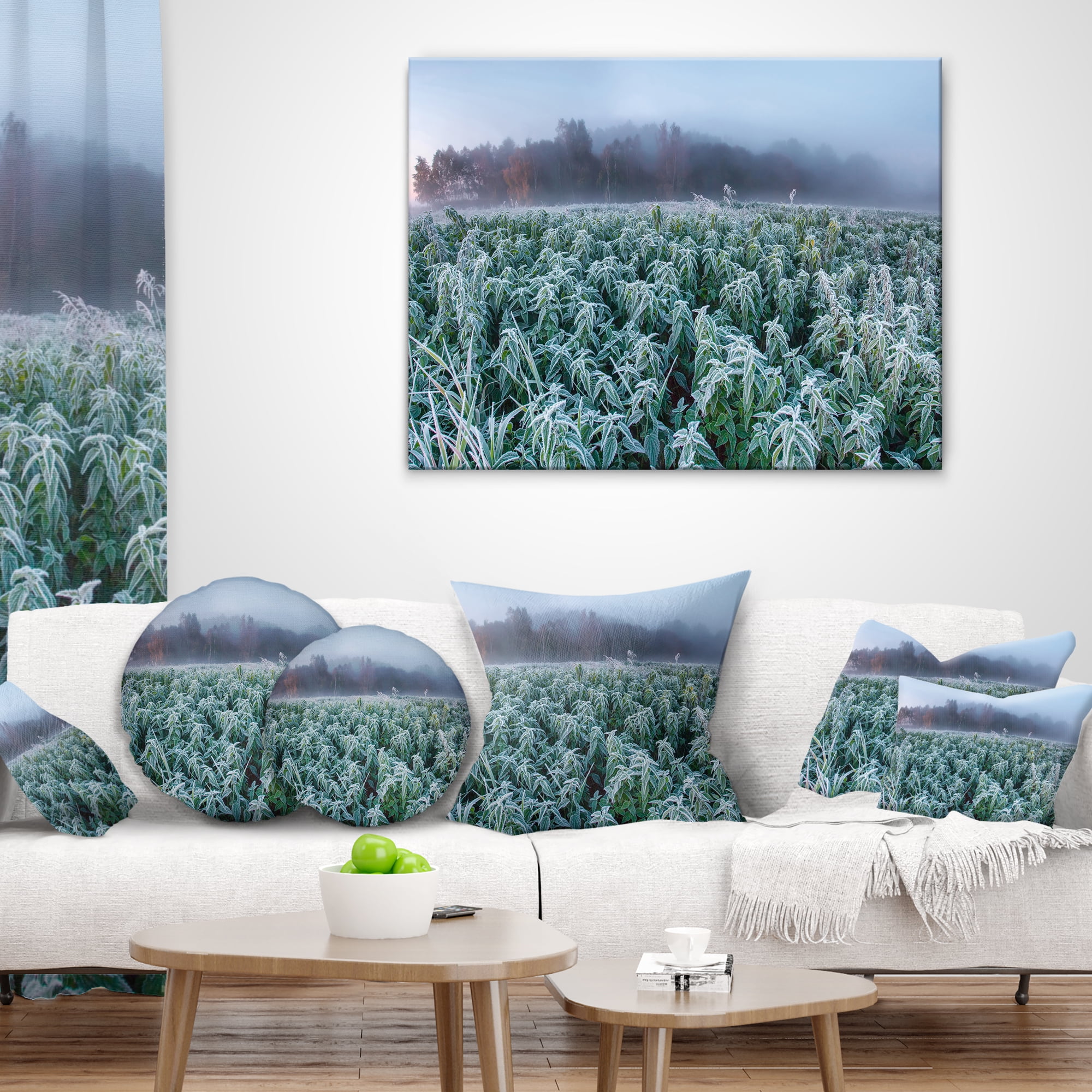 Designart Frozen Hemp Field in Autumn Morning - Landscape Printed Throw Pillow - 16x16